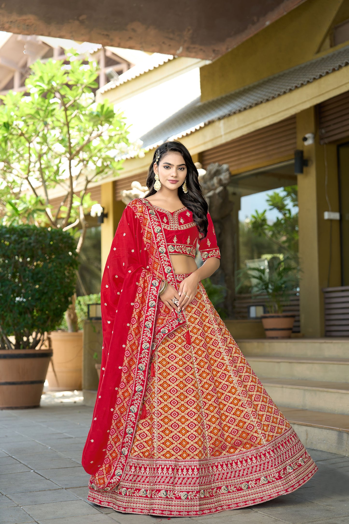 Red Viscose Silk Gota Embroidery Wedding Guest Lehenga