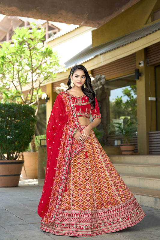 Red Viscose Silk Gota Embroidery Wedding Guest Lehenga
