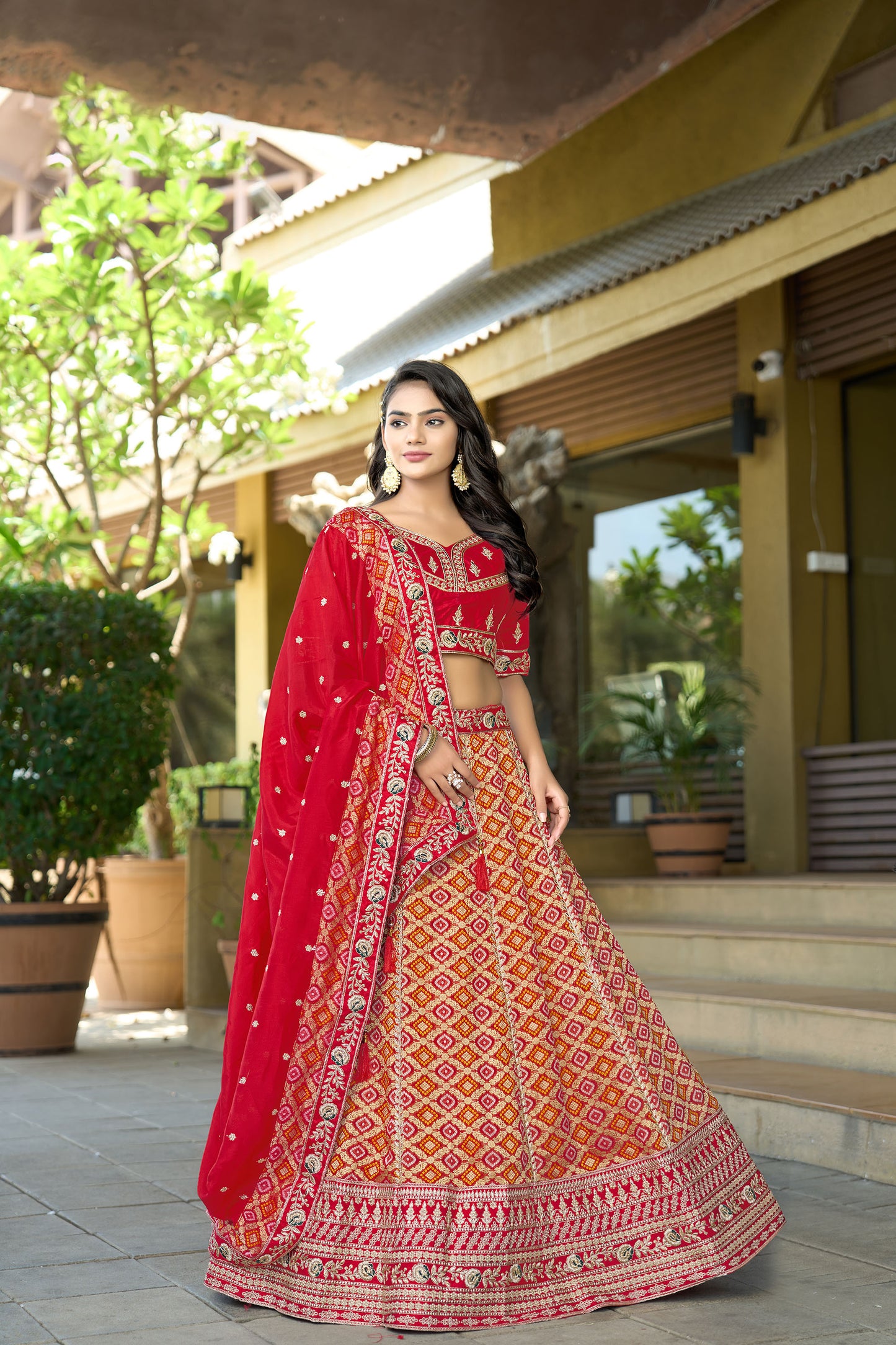 Red Viscose Silk Gota Embroidery Wedding Guest Lehenga