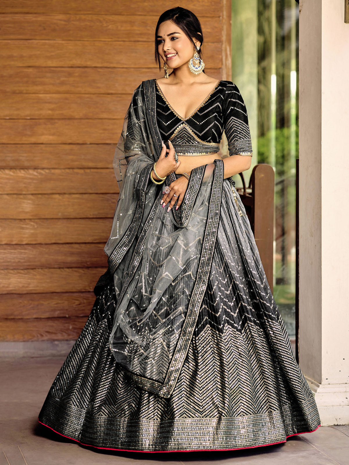 Black Chinnon Sequins & Thread Embroidered Reception Lehenga