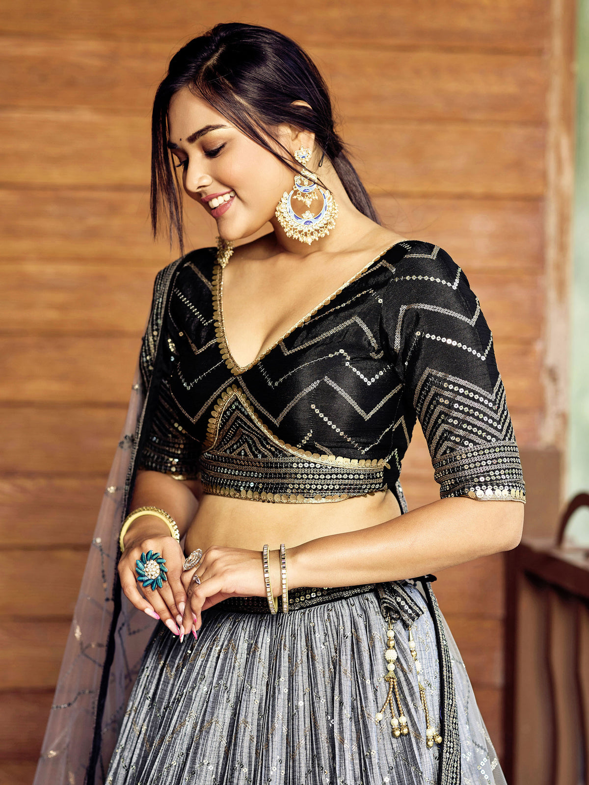 Black Chinnon Sequins & Thread Embroidered Reception Lehenga