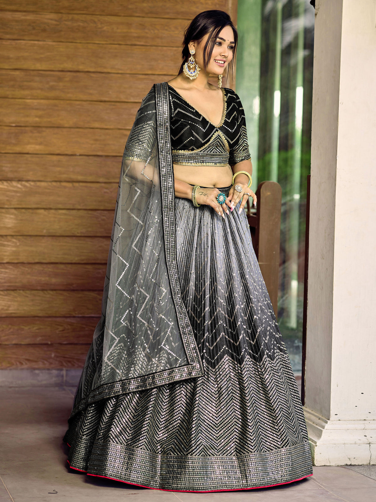 Black Chinnon Sequins & Thread Embroidered Reception Lehenga