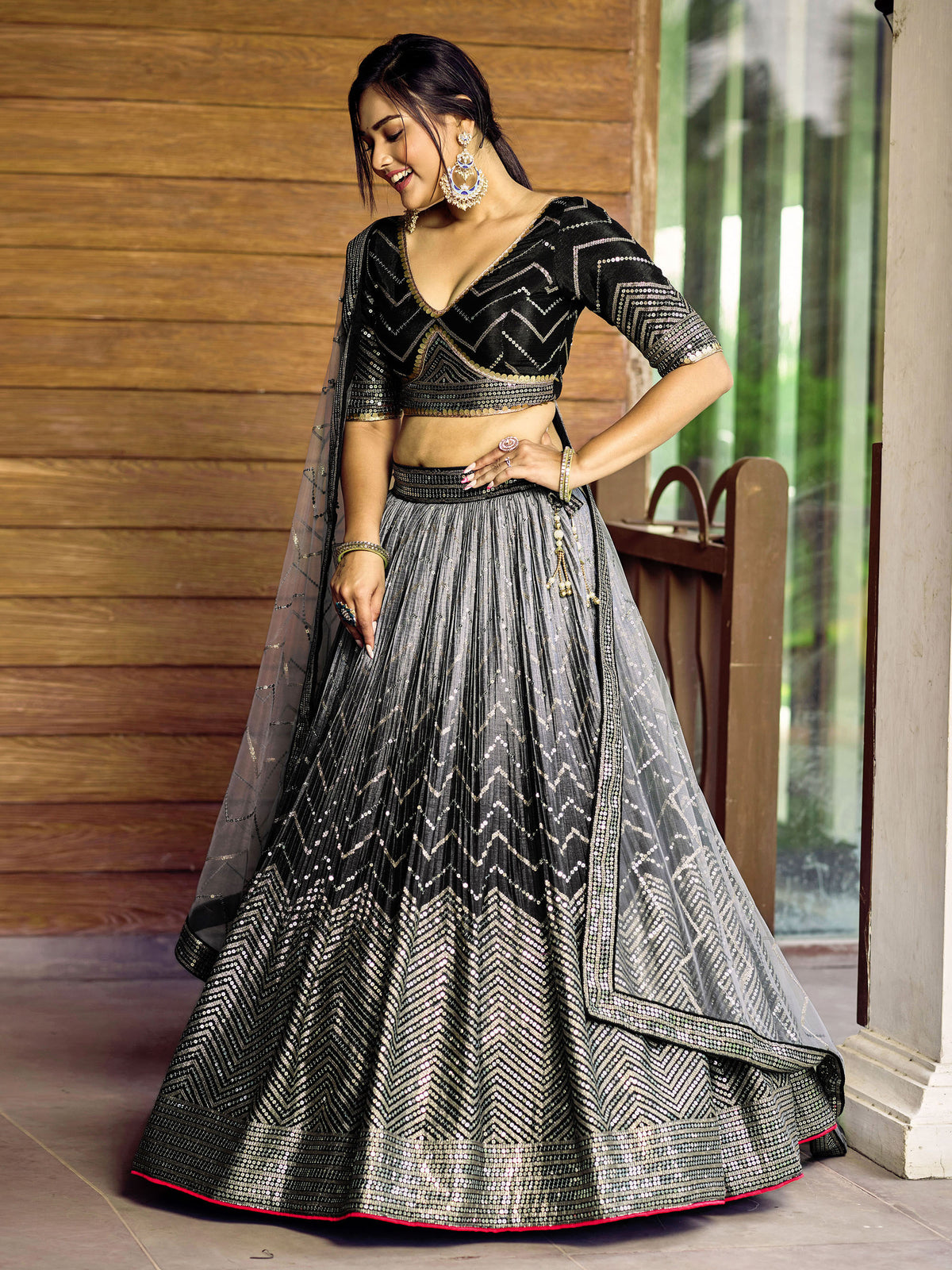 Black Chinnon Sequins & Thread Embroidered Reception Lehenga