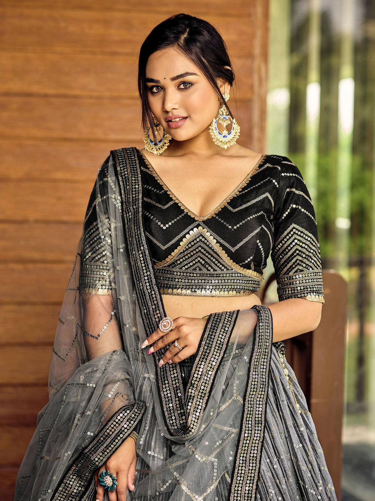 Black Chinnon Sequins & Thread Embroidered Reception Lehenga