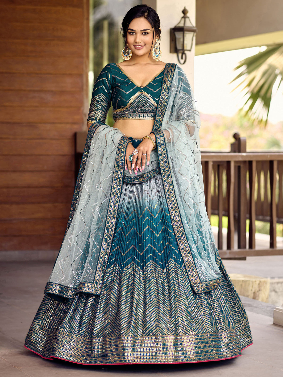 Blue Chinnon Sequins & Thread Embroidered Wedding Lehenga for Bridesmaid