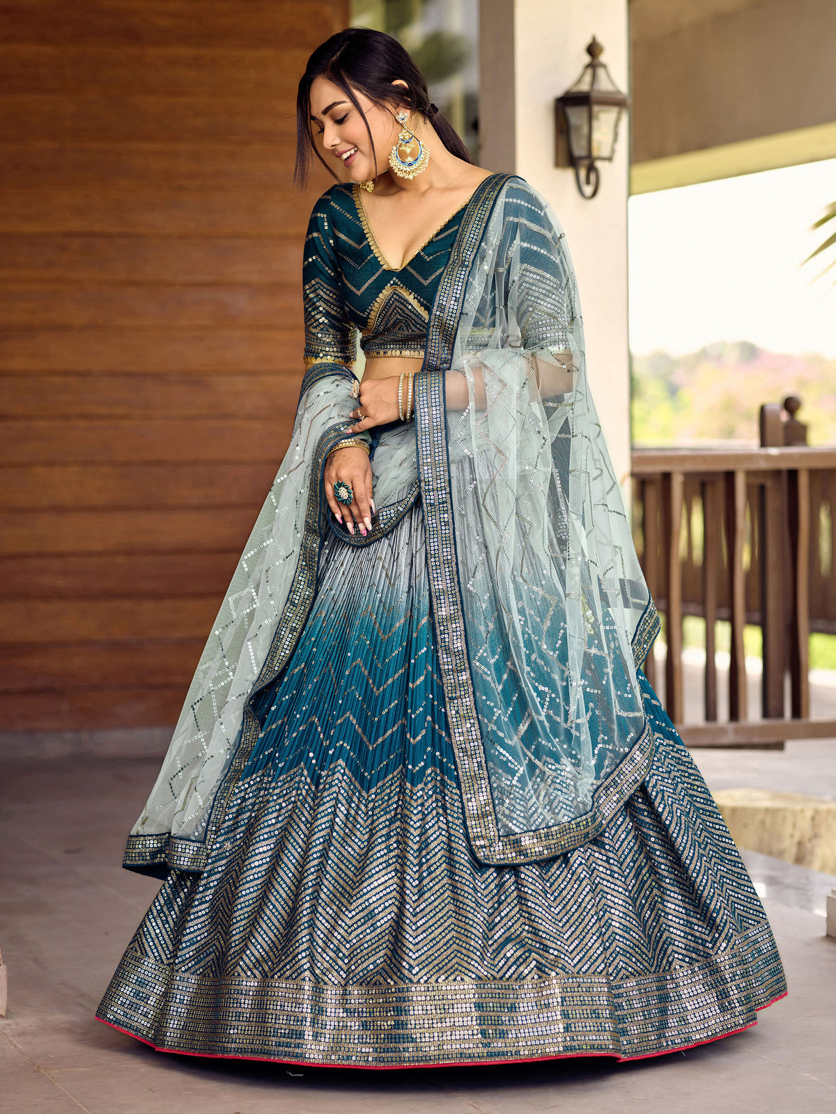 Blue Chinnon Sequins & Thread Embroidered Wedding Lehenga for Bridesmaid