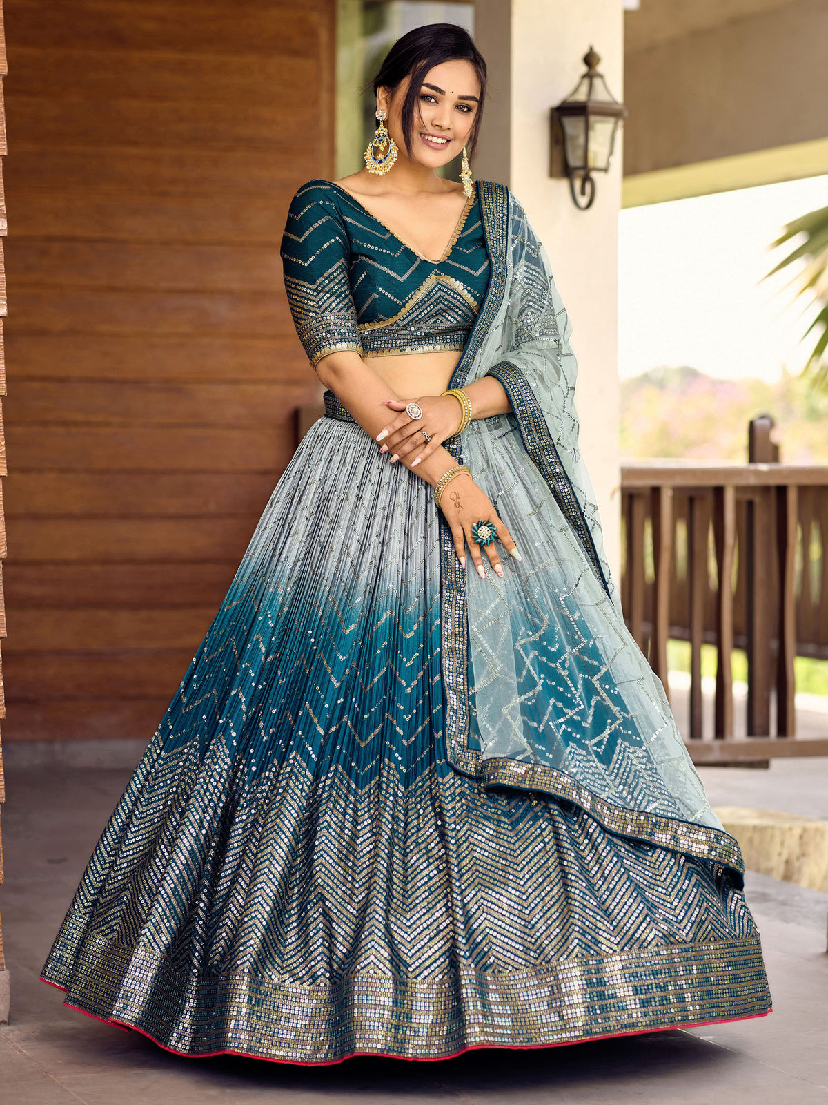 Blue Chinnon Sequins & Thread Embroidered Wedding Lehenga for Bridesmaid