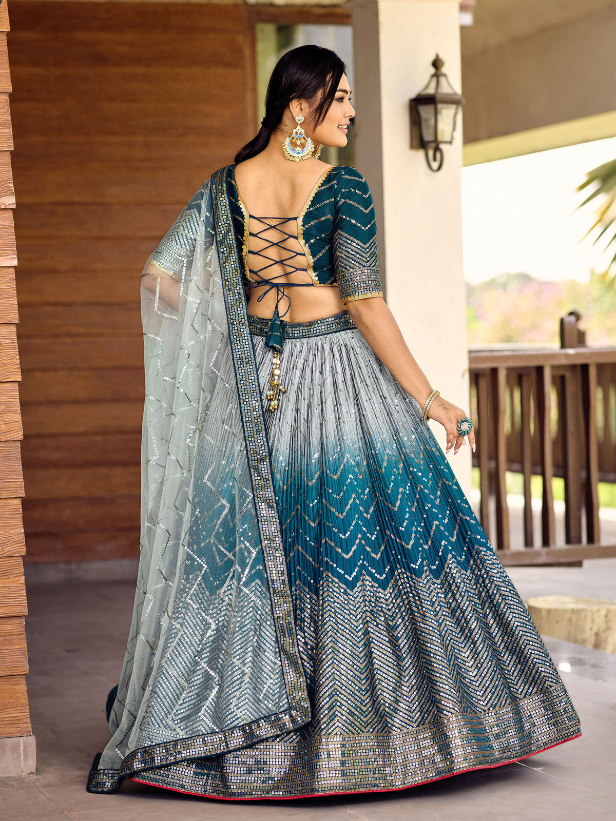 Blue Chinnon Sequins & Thread Embroidered Wedding Lehenga for Bridesmaid