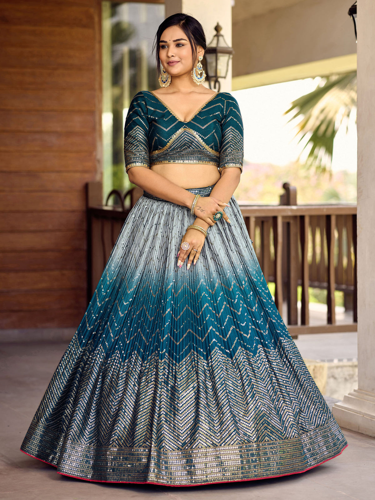 Blue Chinnon Sequins & Thread Embroidered Wedding Lehenga for Bridesmaid