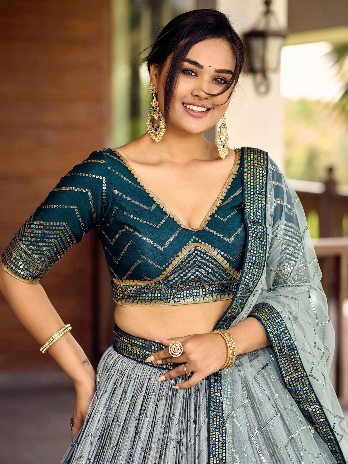 Blue Chinnon Sequins & Thread Embroidered Wedding Lehenga for Bridesmaid