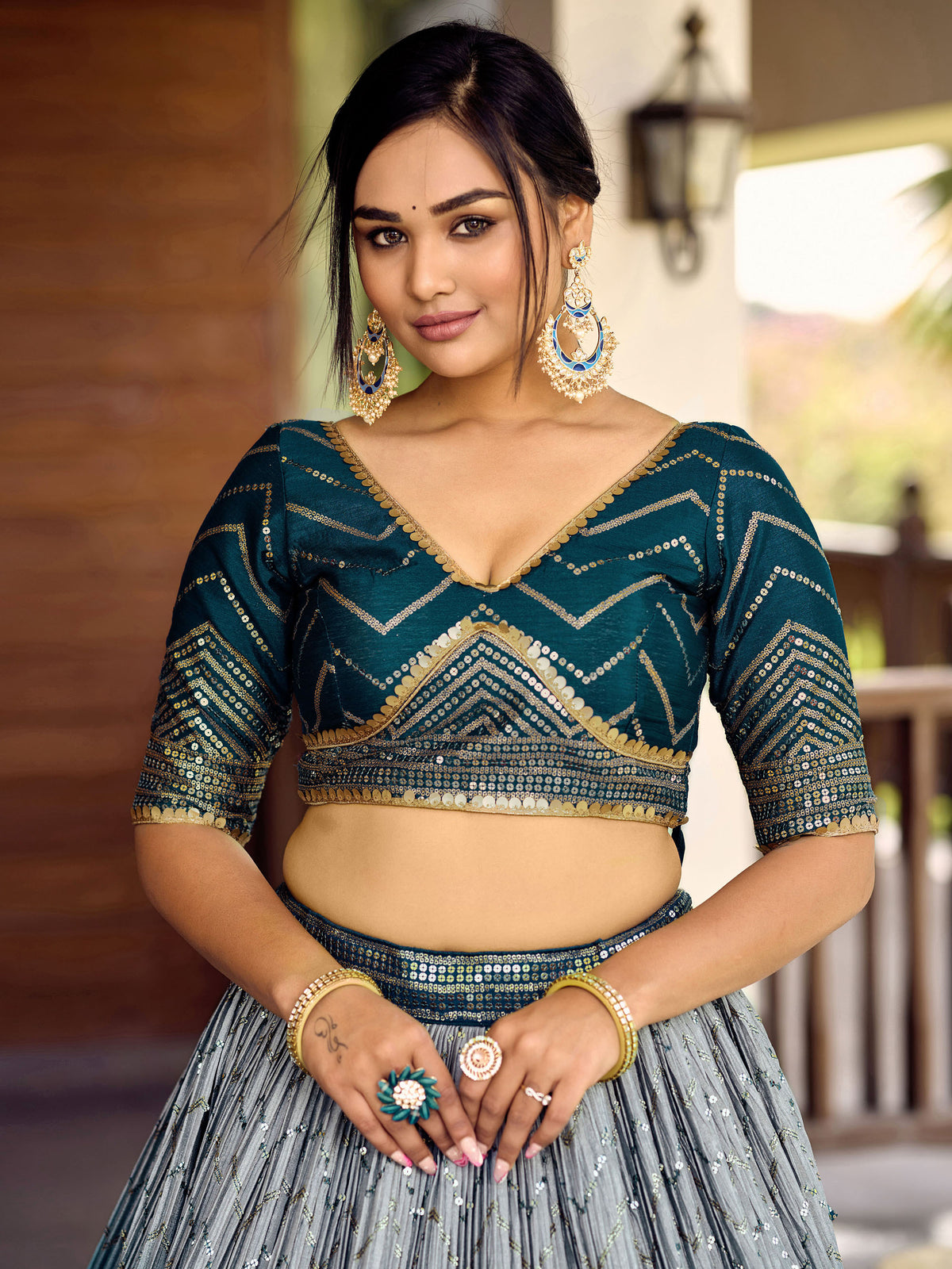 Blue Chinnon Sequins & Thread Embroidered Wedding Lehenga for Bridesmaid
