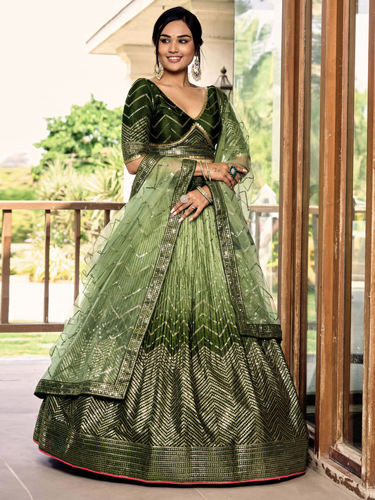 Green Chinnon Sequins & Thread Embroidered Lehenga for Mehendi