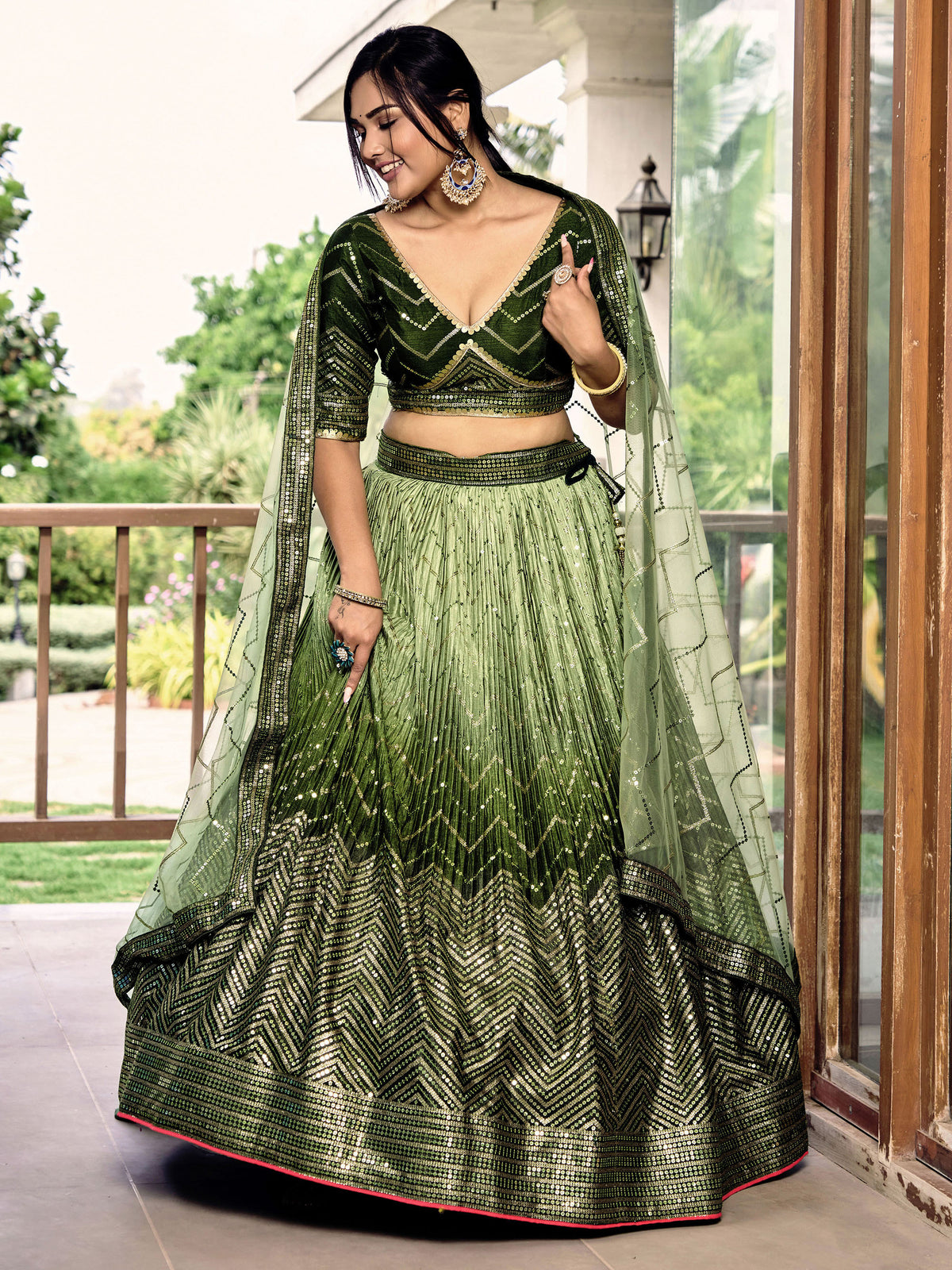 Green Chinnon Sequins & Thread Embroidered Lehenga for Mehendi