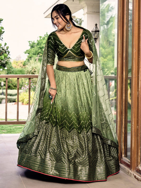 Green Chinnon Sequins & Thread Embroidered Lehenga for Mehendi