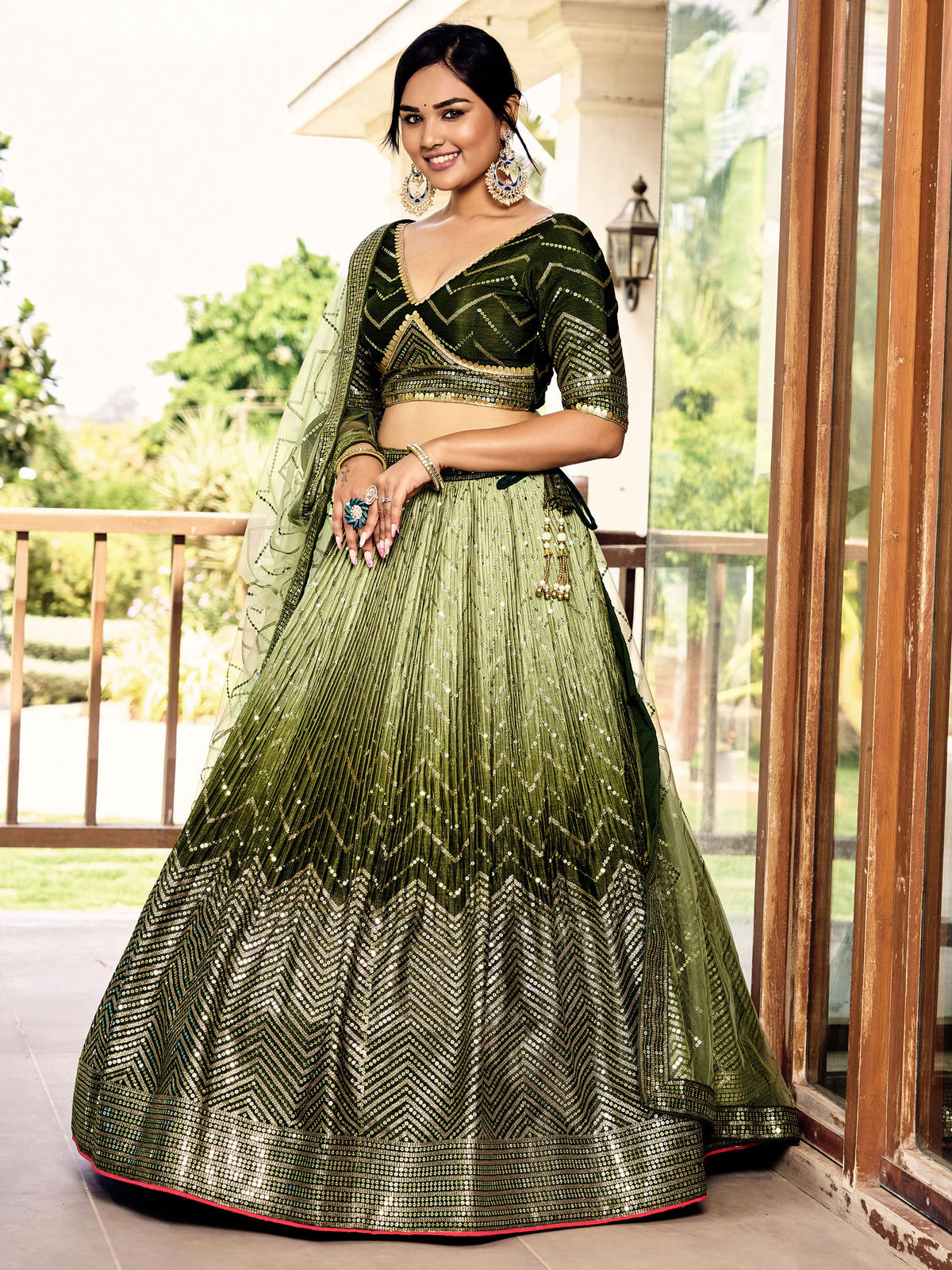 Green Chinnon Sequins & Thread Embroidered Lehenga for Mehendi