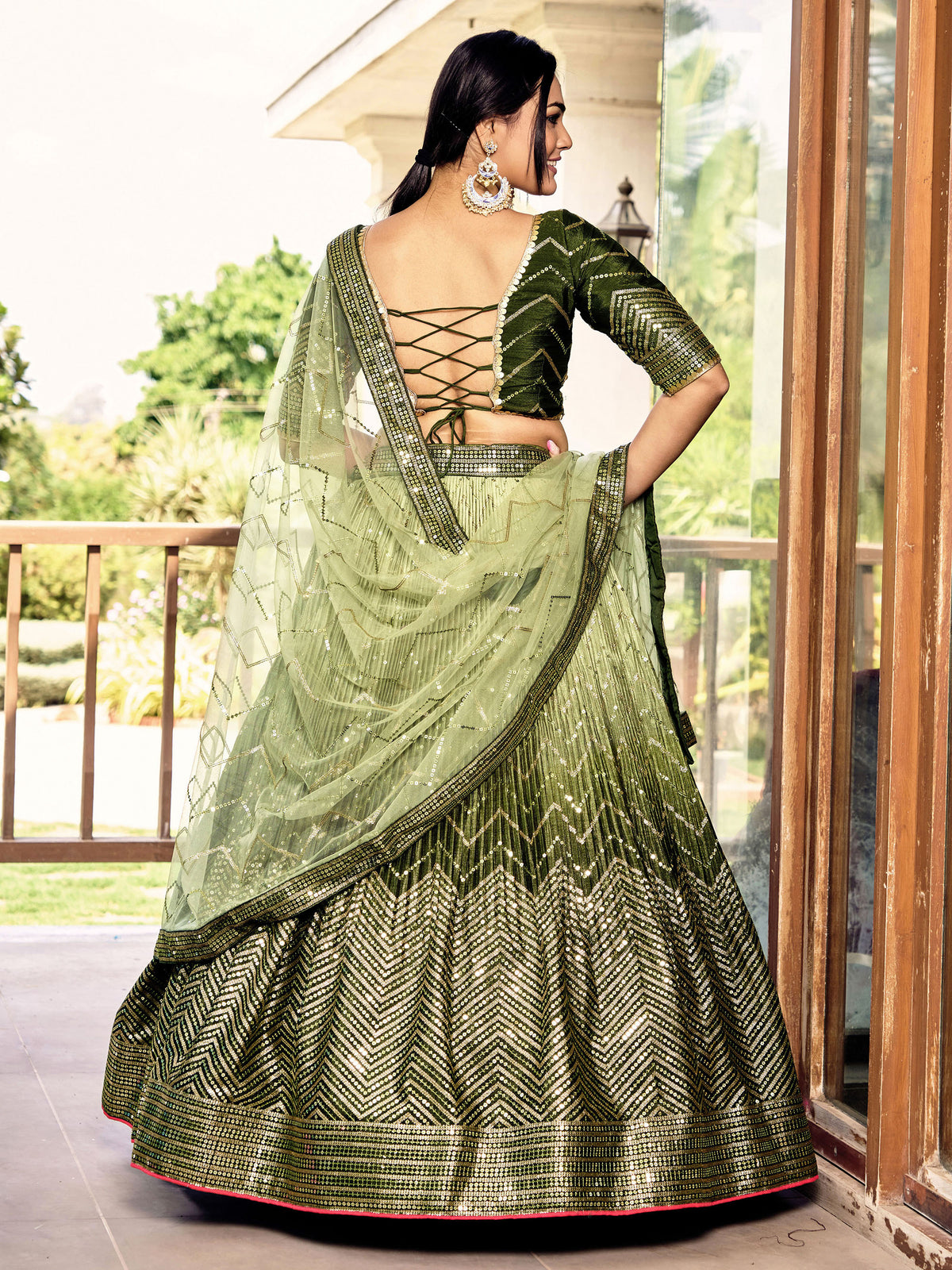Green Chinnon Sequins & Thread Embroidered Lehenga for Mehendi