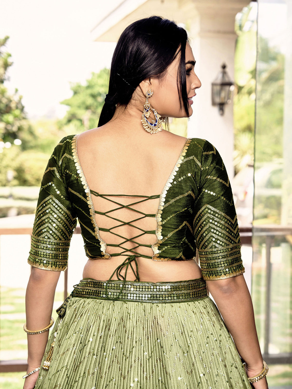 Green Chinnon Sequins & Thread Embroidered Lehenga for Mehendi