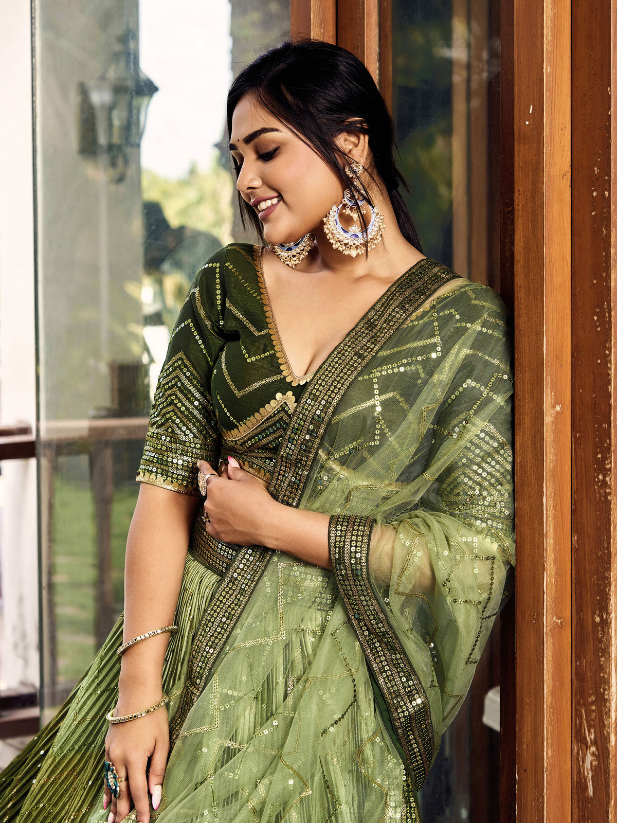 Green Chinnon Sequins & Thread Embroidered Lehenga for Mehendi