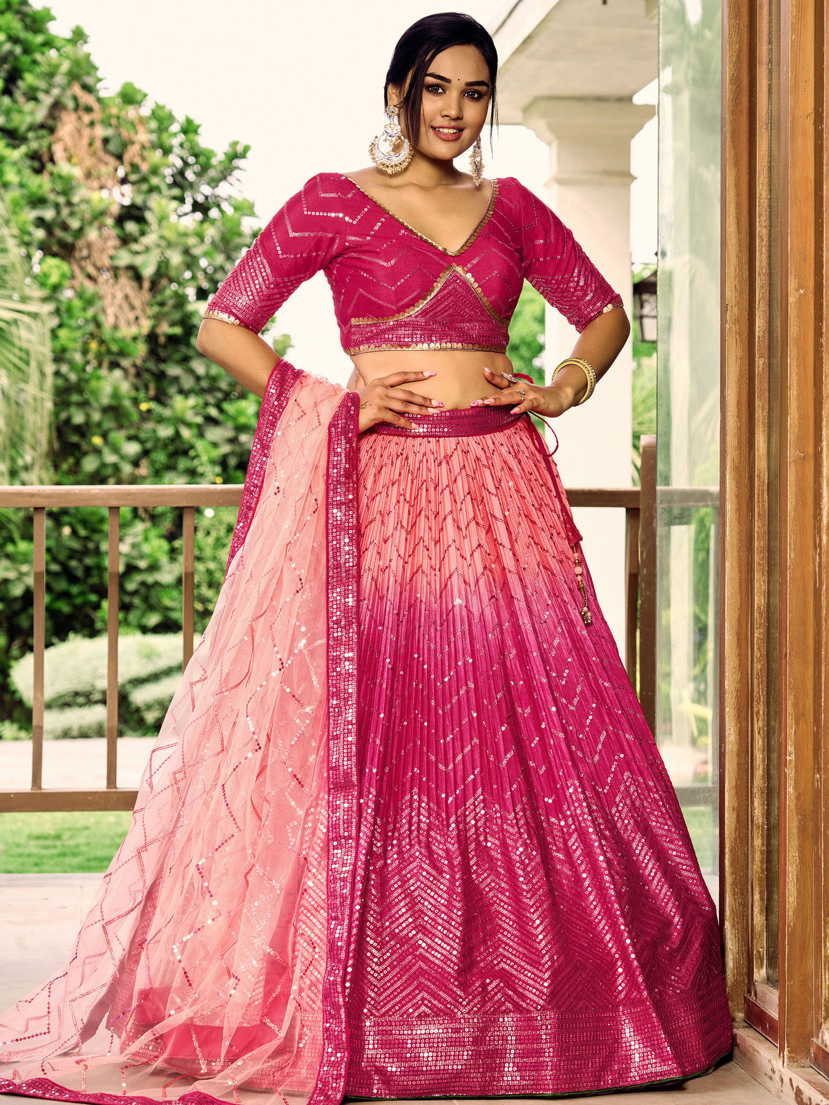 Pink Chinnon Sequins & Thread Embroidered Bridesmaid Lehenga