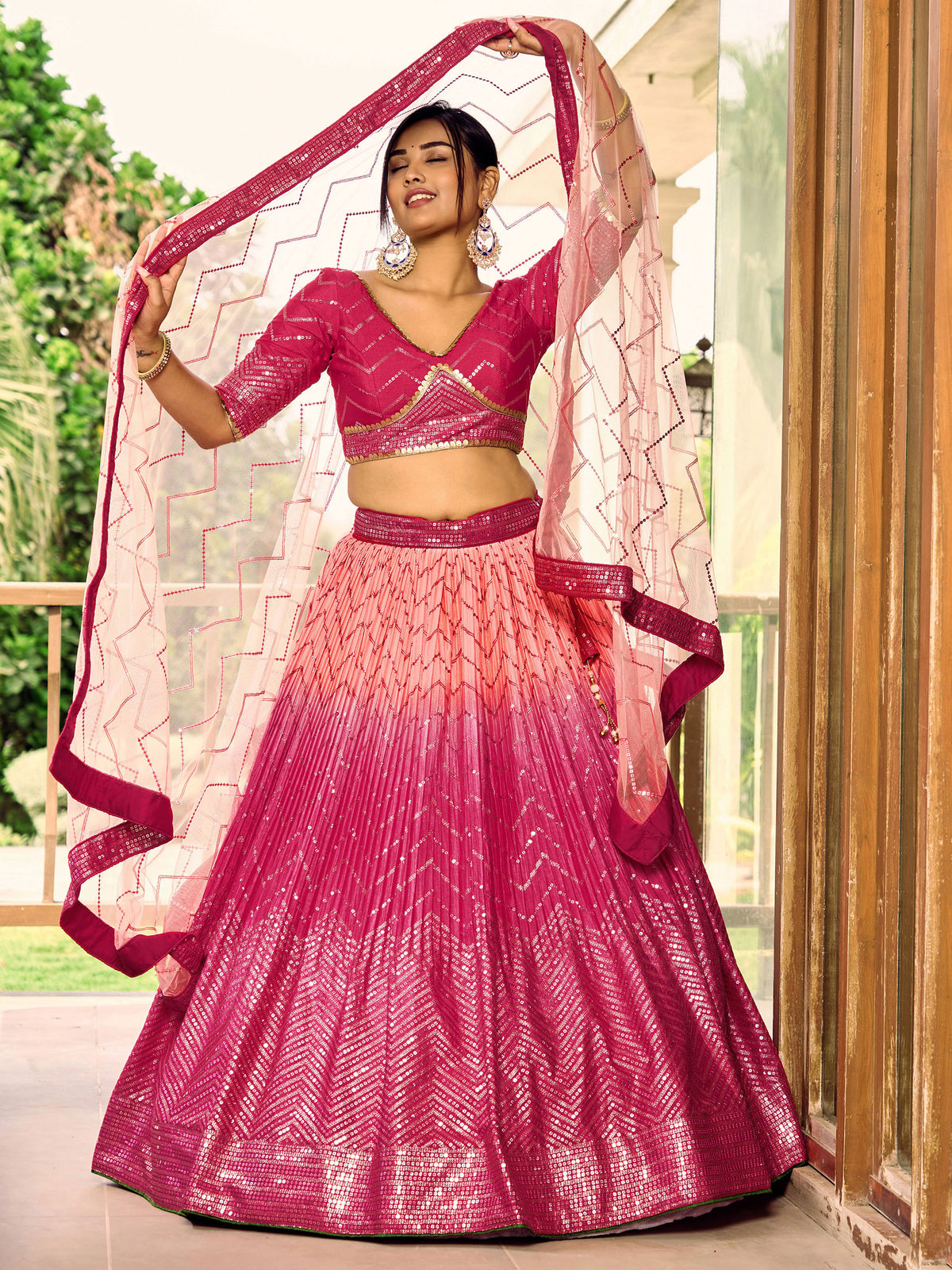 Pink Chinnon Sequins & Thread Embroidered Bridesmaid Lehenga