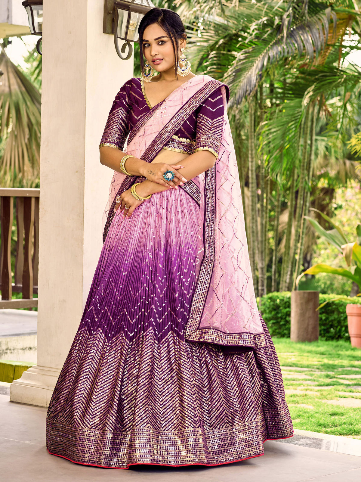 Purple Chinnon Sequins & Thread Embroidered Lehenga Choli