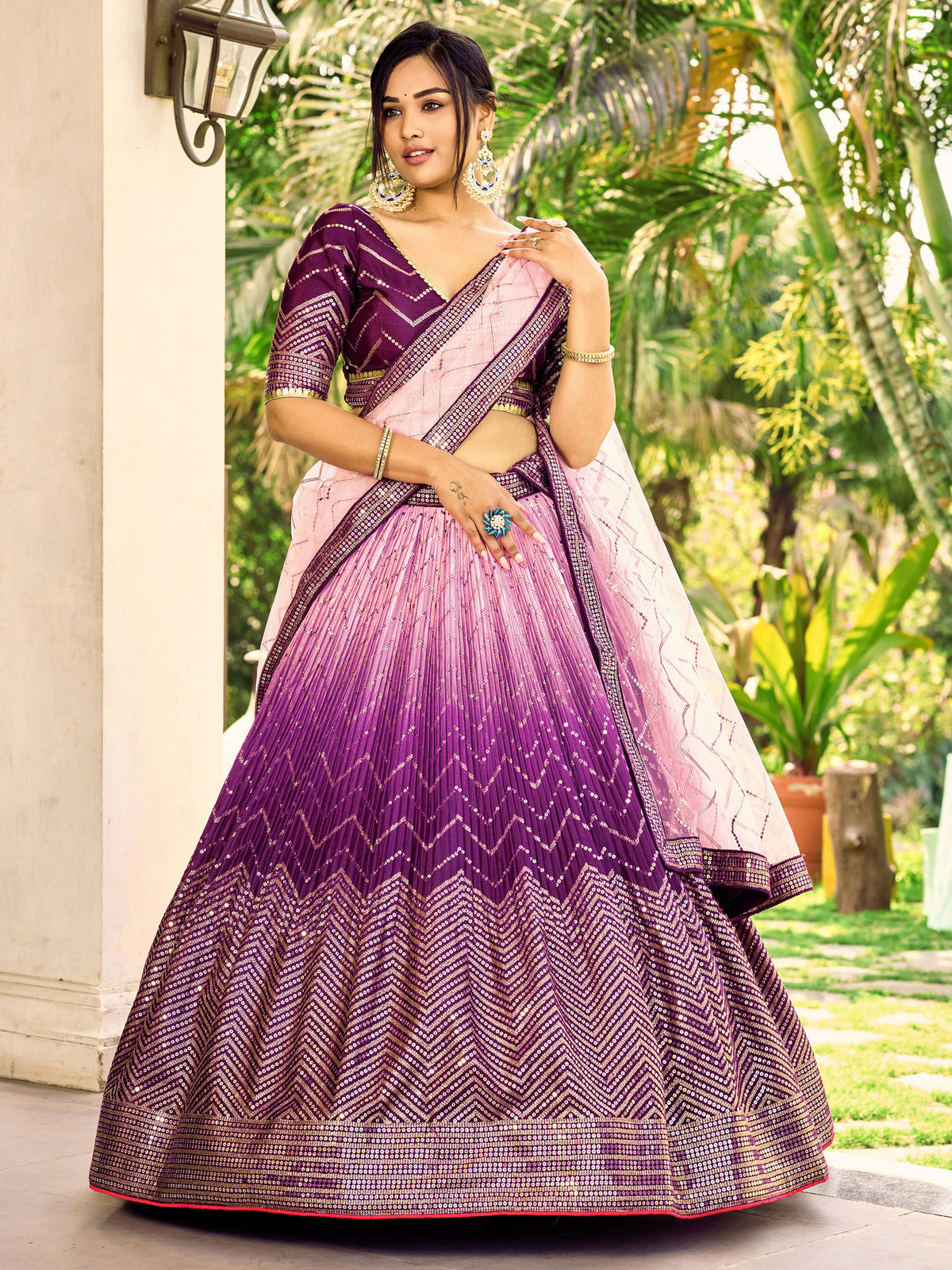 Purple Chinnon Sequins & Thread Embroidered Lehenga Choli