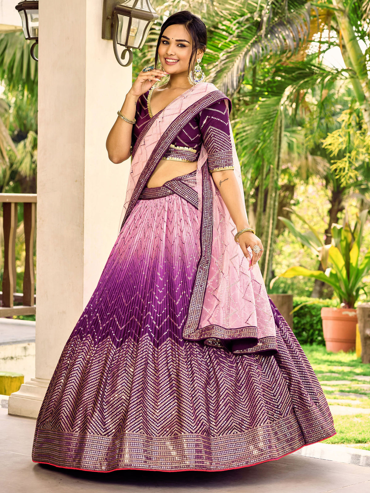 Purple Chinnon Sequins & Thread Embroidered Lehenga Choli