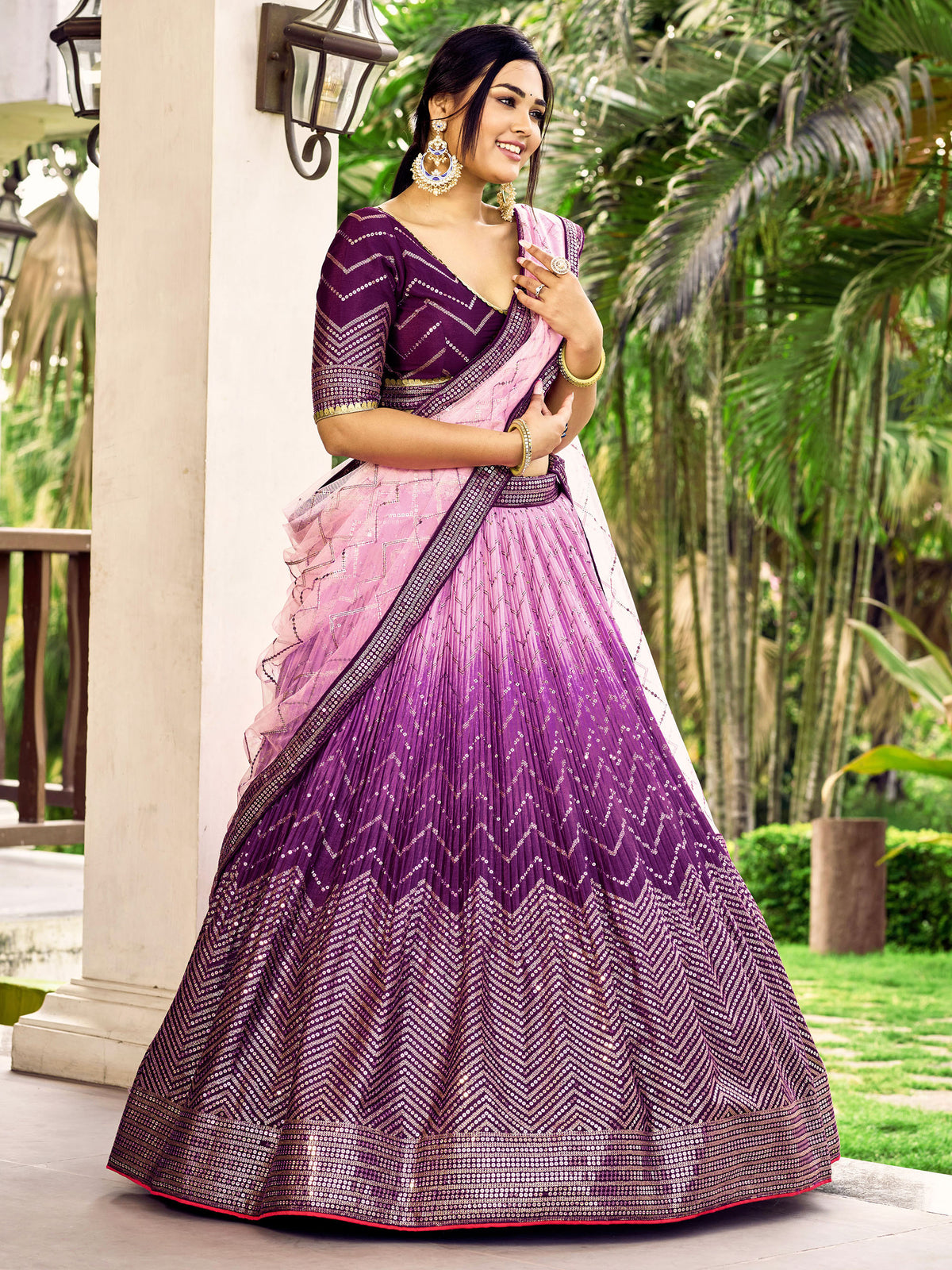 Purple Chinnon Sequins & Thread Embroidered Lehenga Choli