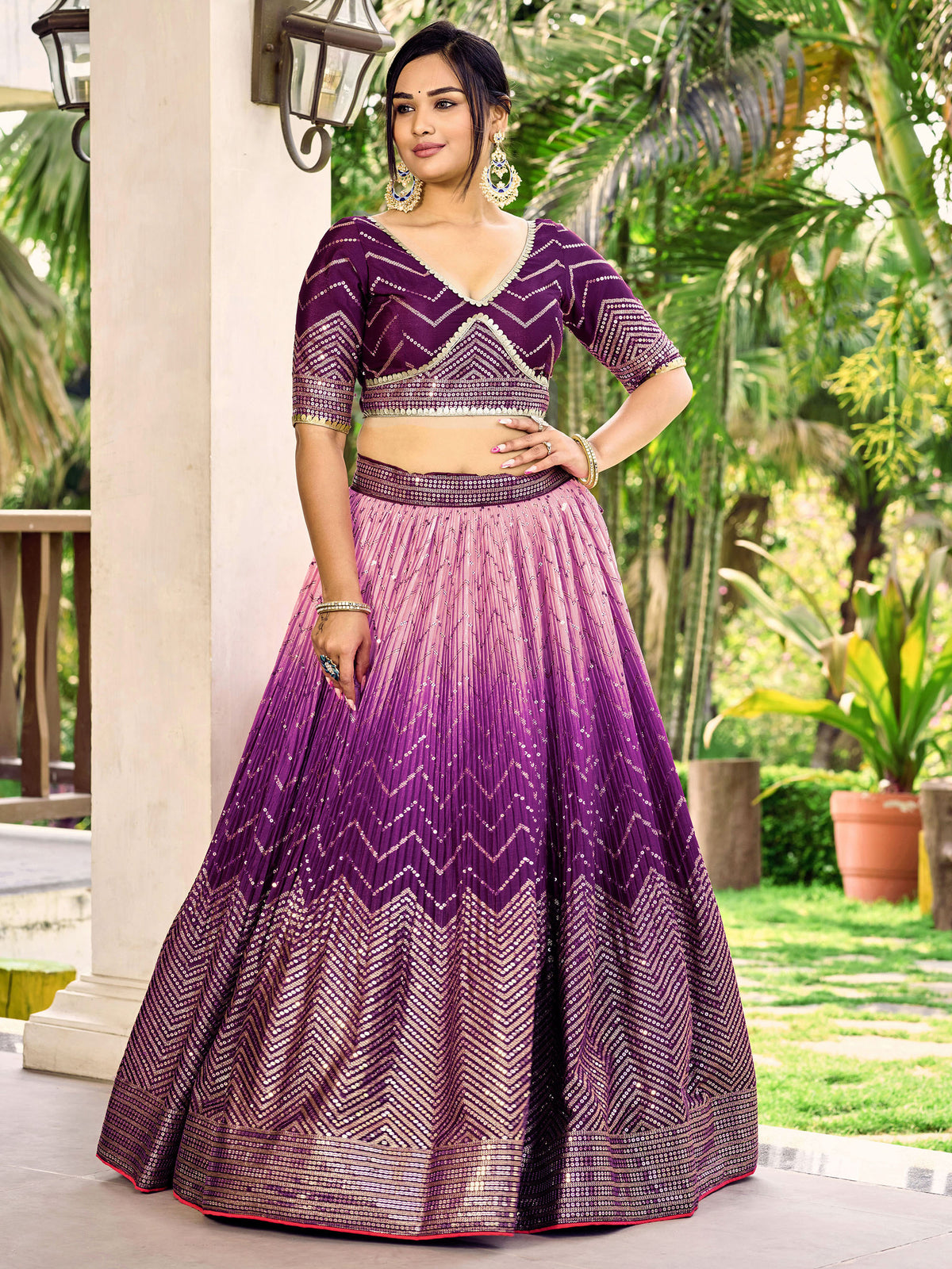 Purple Chinnon Sequins & Thread Embroidered Lehenga Choli
