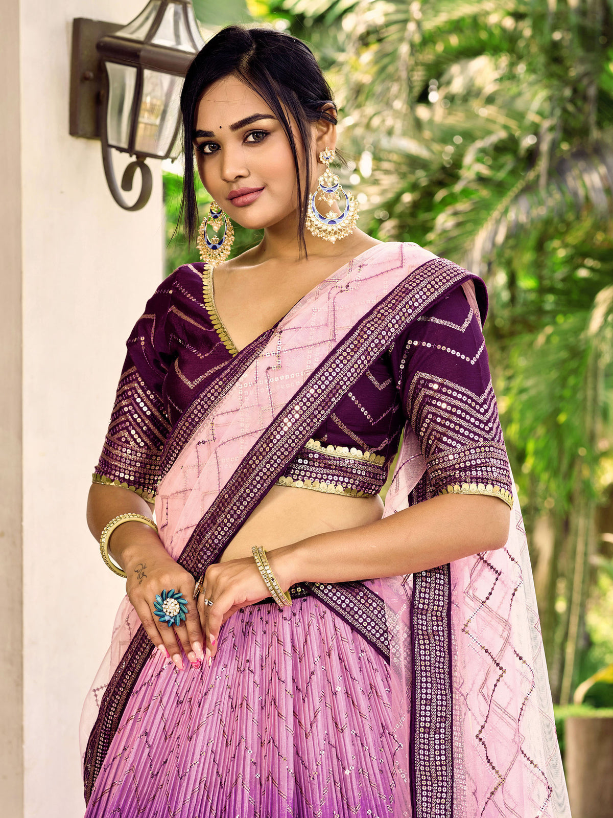 Purple Chinnon Sequins & Thread Embroidered Lehenga Choli