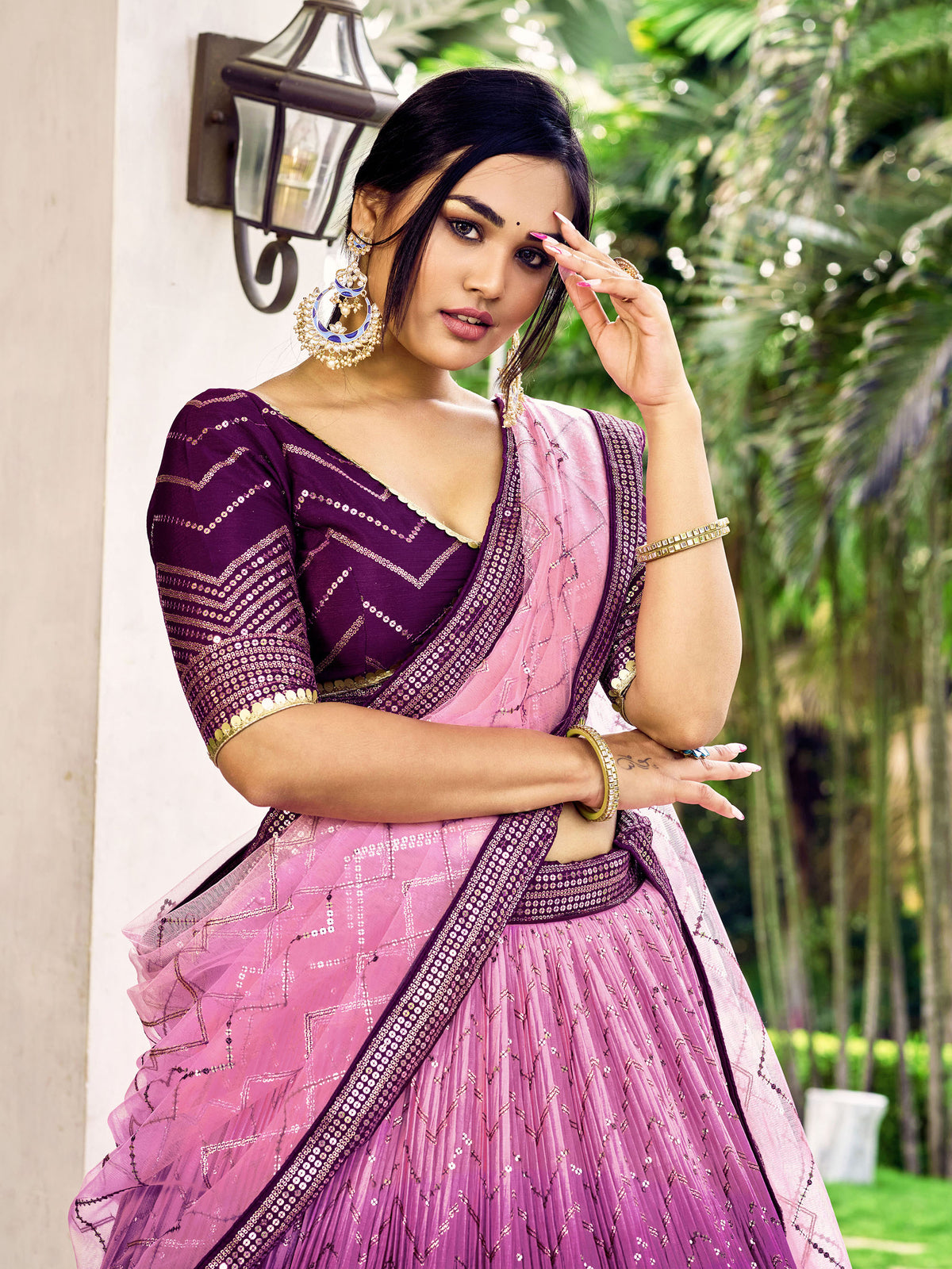 Purple Chinnon Sequins & Thread Embroidered Lehenga Choli