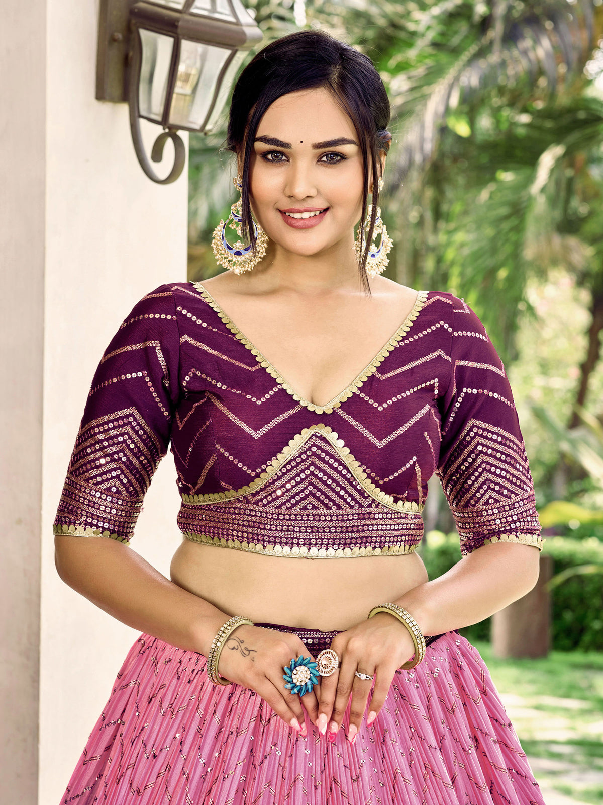 Purple Chinnon Sequins & Thread Embroidered Lehenga Choli
