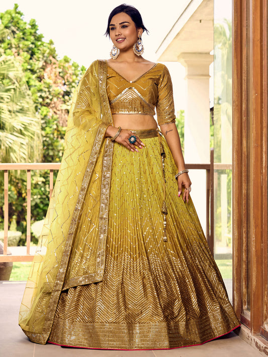 Yellow Chinnon Sequins & Thread Embroidered Bridesmaid Lehenga for haldi