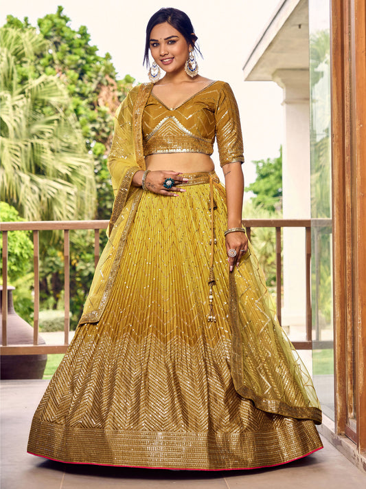 Yellow Chinnon Sequins & Thread Embroidered Bridesmaid Lehenga for haldi