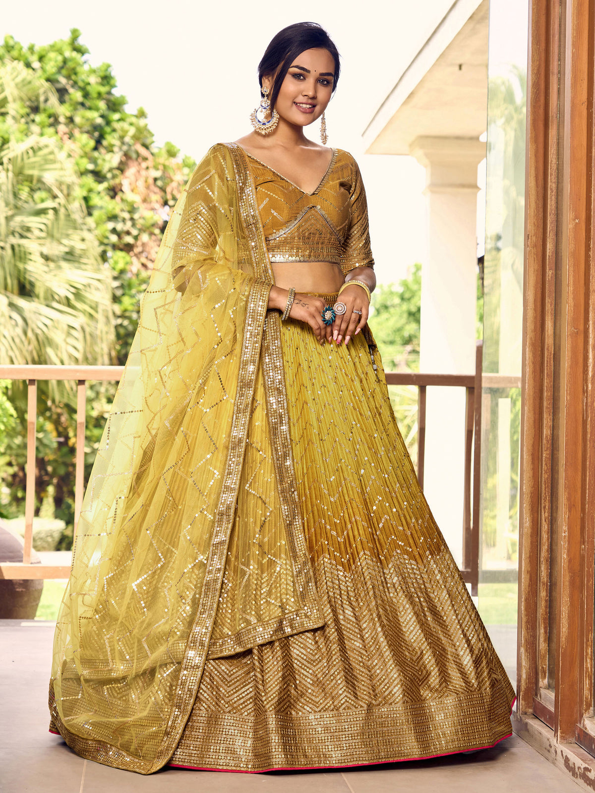Yellow Chinnon Sequins & Thread Embroidered Bridesmaid Lehenga for haldi