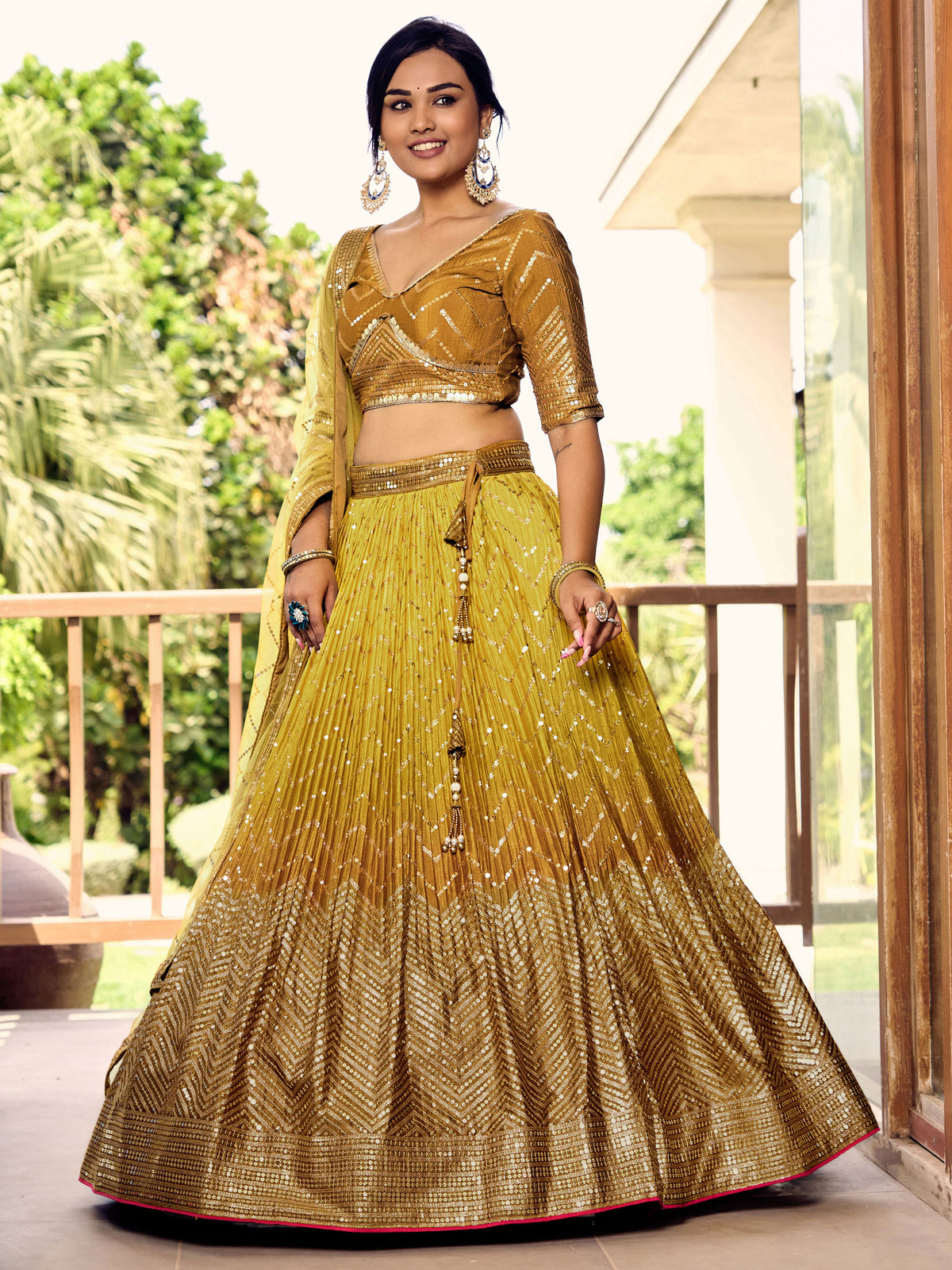 Yellow Chinnon Sequins & Thread Embroidered Bridesmaid Lehenga for haldi
