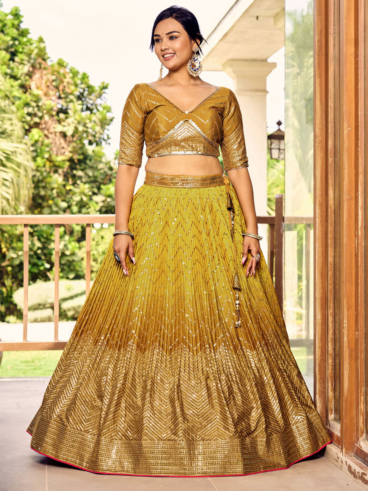 Yellow Chinnon Sequins & Thread Embroidered Bridesmaid Lehenga for haldi