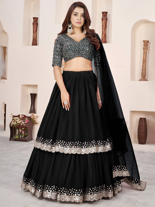 Black Faux Georgette Party Wear Wedding Guest Sequins Work Lehenga