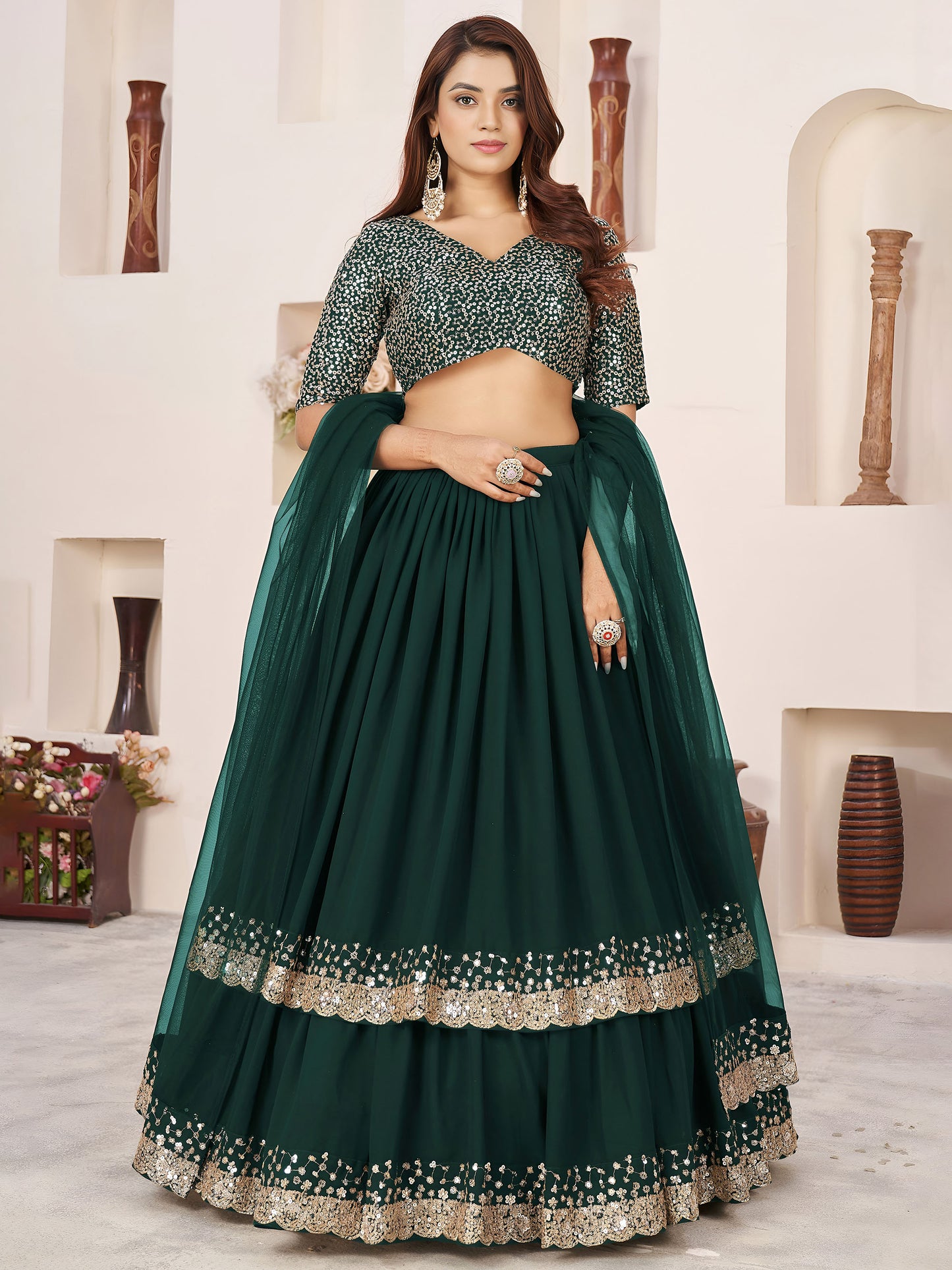 Green Faux Georgette Wedding Guest Lehenga for Mehendi