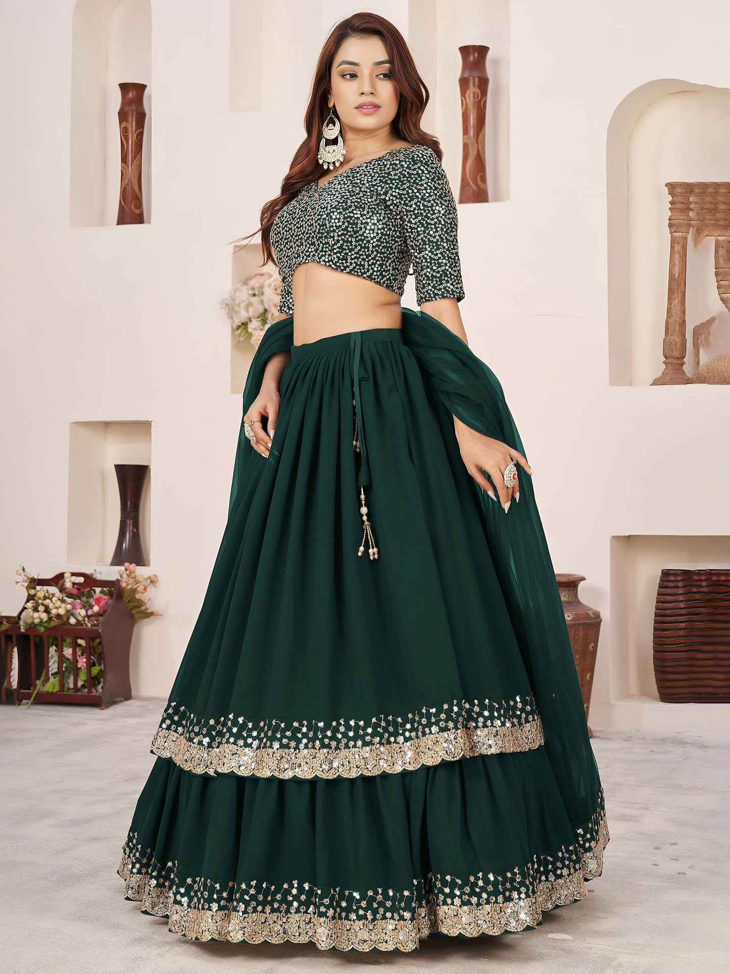 Green Faux Georgette Wedding Guest Lehenga for Mehendi