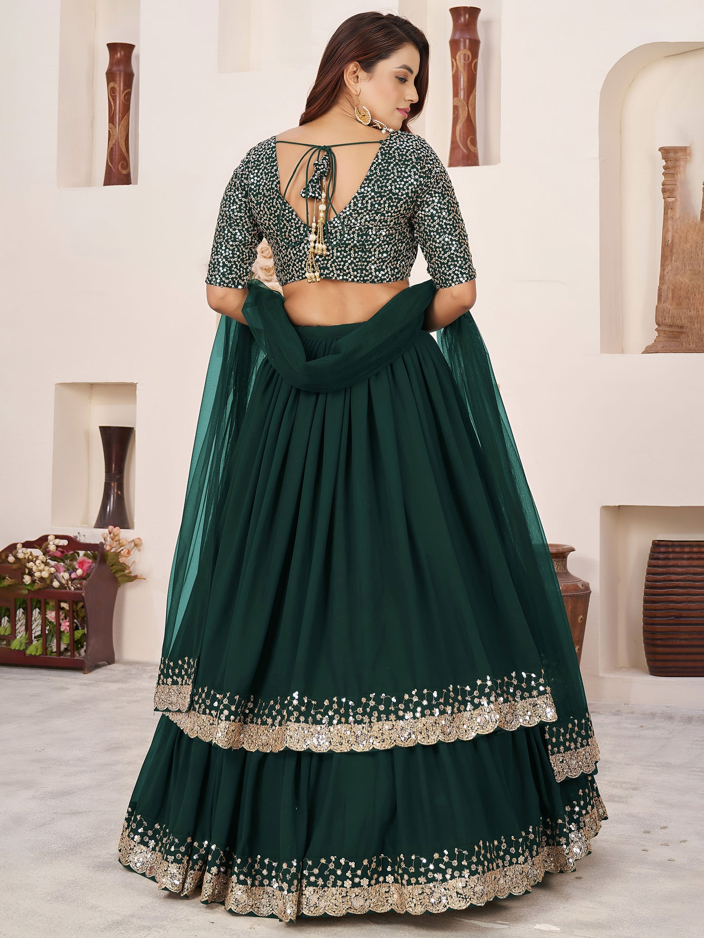 Green Faux Georgette Wedding Guest Lehenga for Mehendi