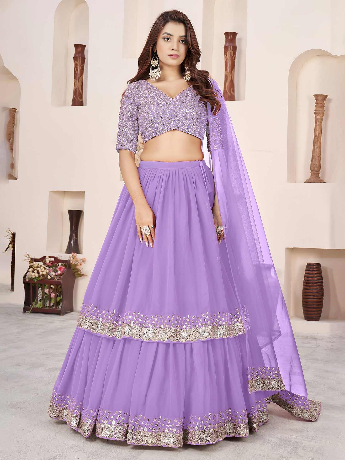 Lavender Faux Georgette Sequins Work Wedding Guest  Lehenga