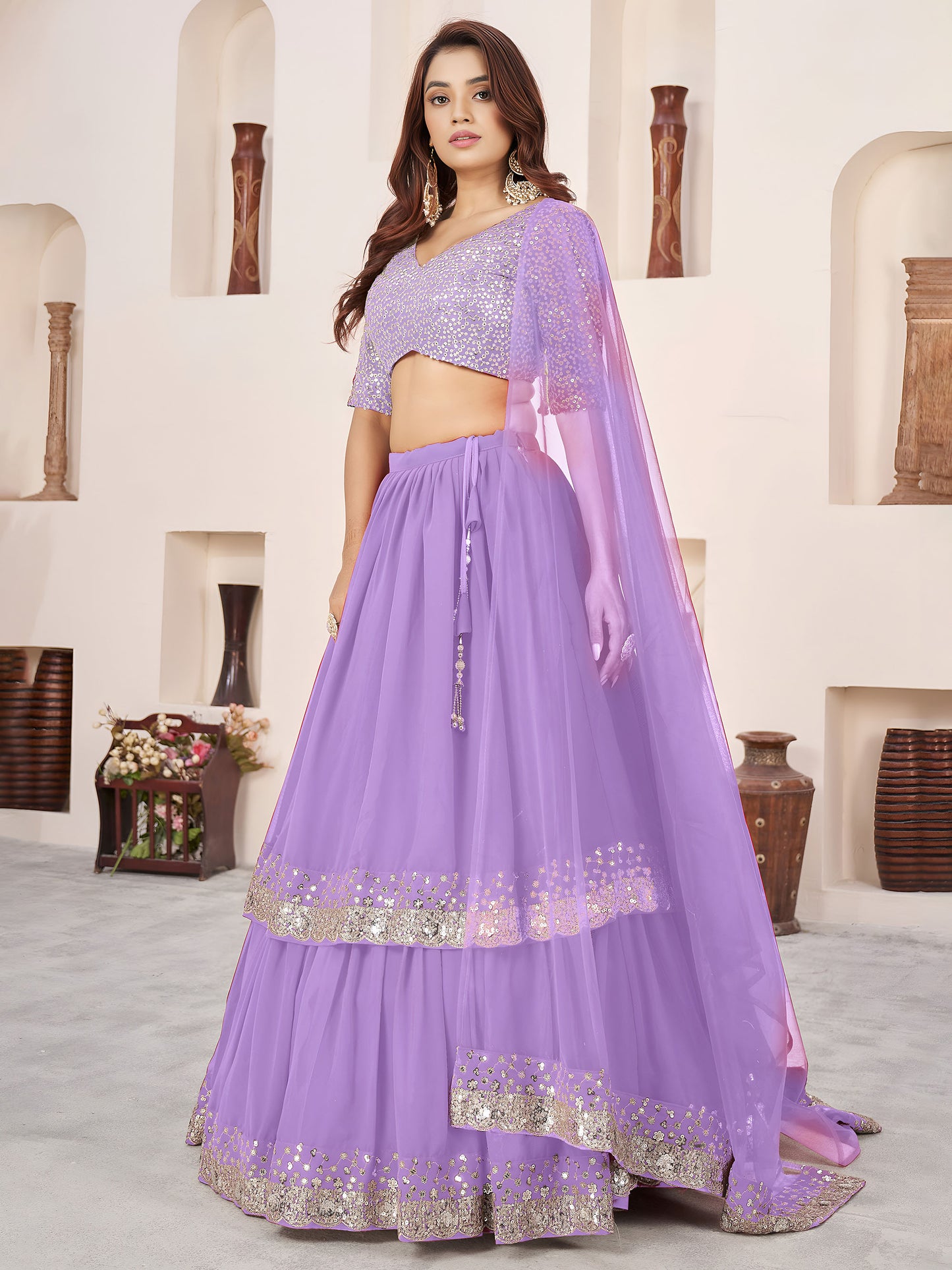 Lavender Faux Georgette Sequins Work Wedding Guest  Lehenga