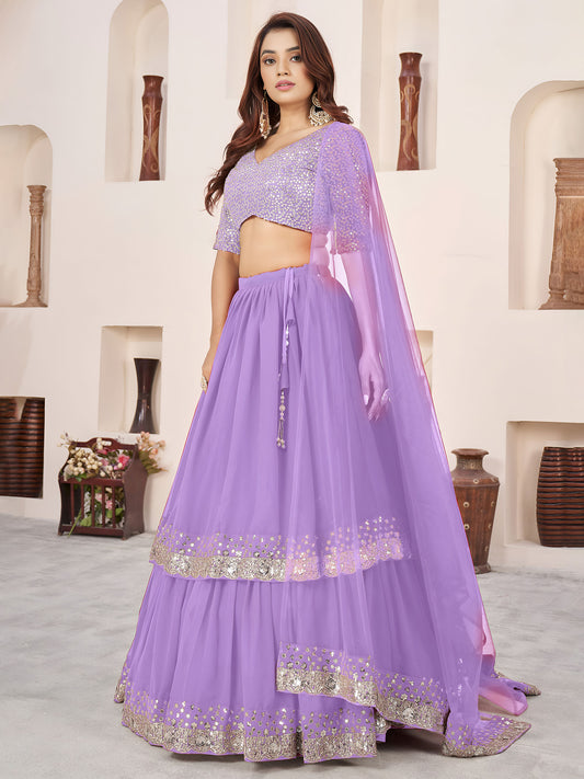 Lavender Faux Georgette Sequins Work Wedding Guest  Lehenga