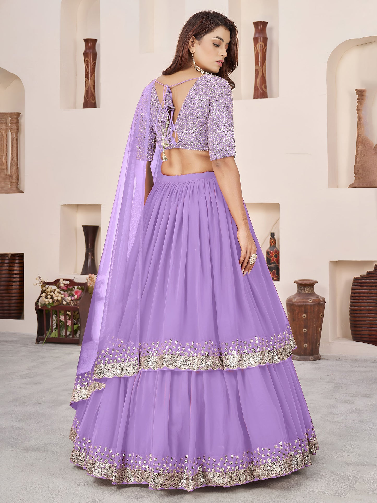 Lavender Faux Georgette Sequins Work Wedding Guest  Lehenga