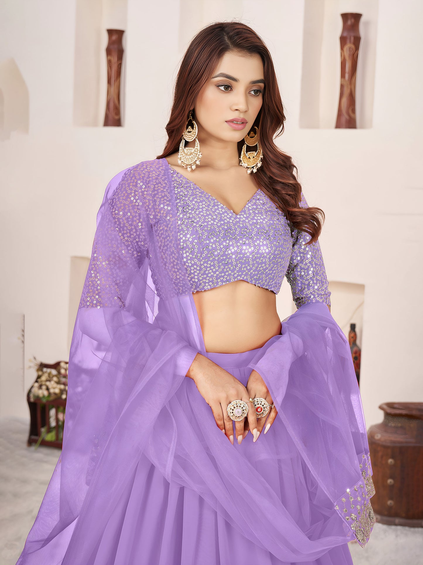 Lavender Faux Georgette Sequins Work Wedding Guest  Lehenga