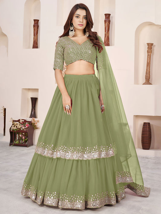 Olive Green Faux Georgette Sequins Work Wedding Guest Lehenga