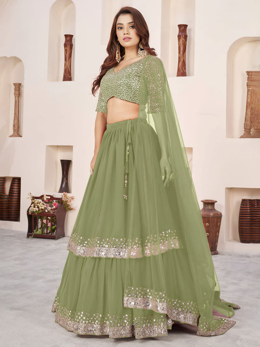 Olive Green Faux Georgette Sequins Work Wedding Guest Lehenga