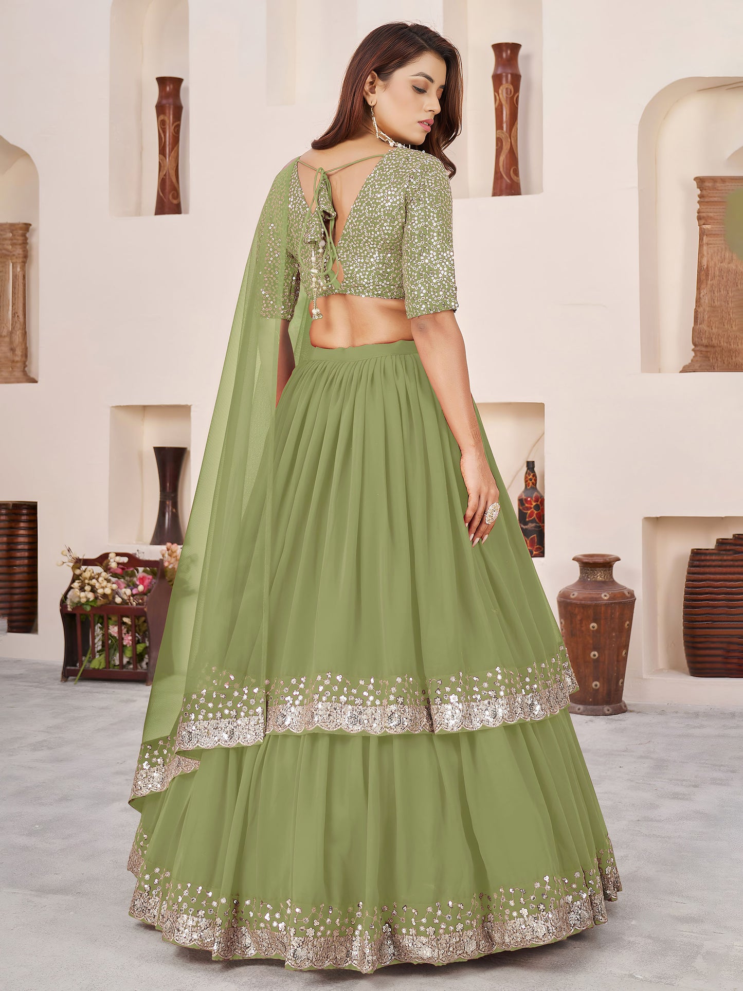 Olive Green Faux Georgette Sequins Work Wedding Guest Lehenga