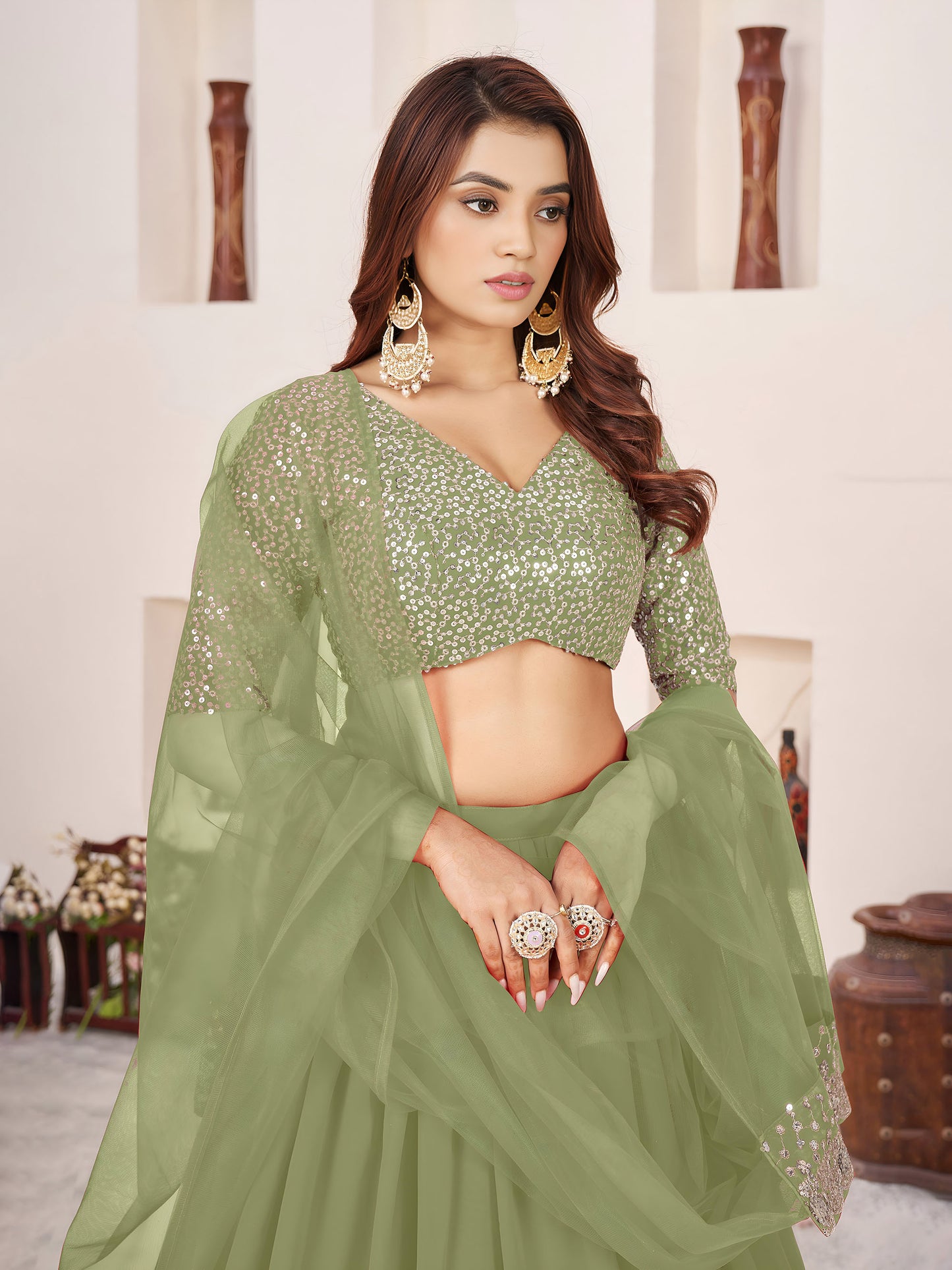 Olive Green Faux Georgette Sequins Work Wedding Guest Lehenga